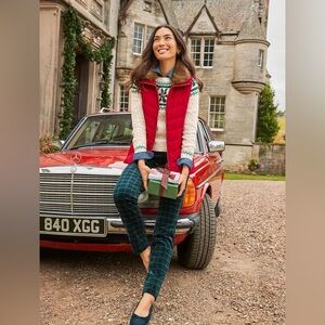 Talbots Red Quilted Vest with Faux Fur Collar